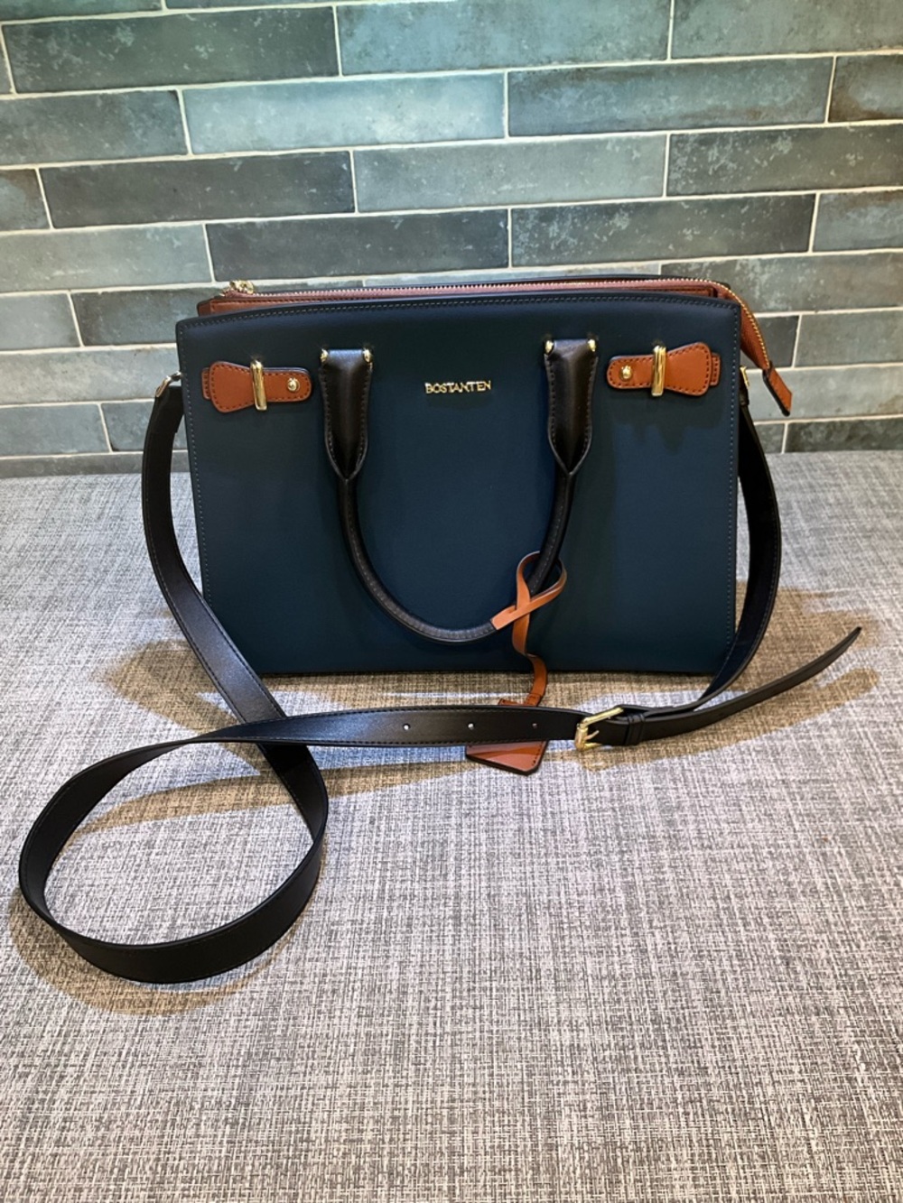 BOSTANTEN Navy and Brown Leather Satchel